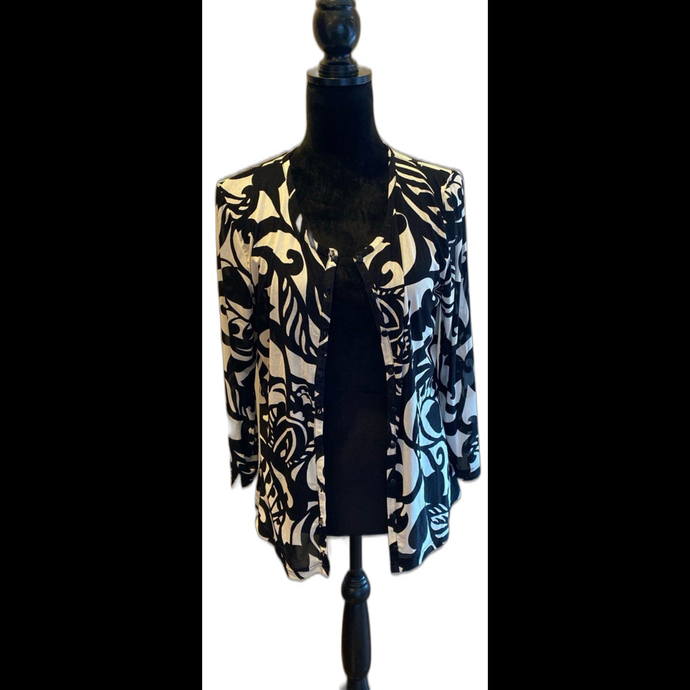 Rafael Blouse Sz Large Black & White Top Button Down Sheer 3/4 Sleeve lightweigh